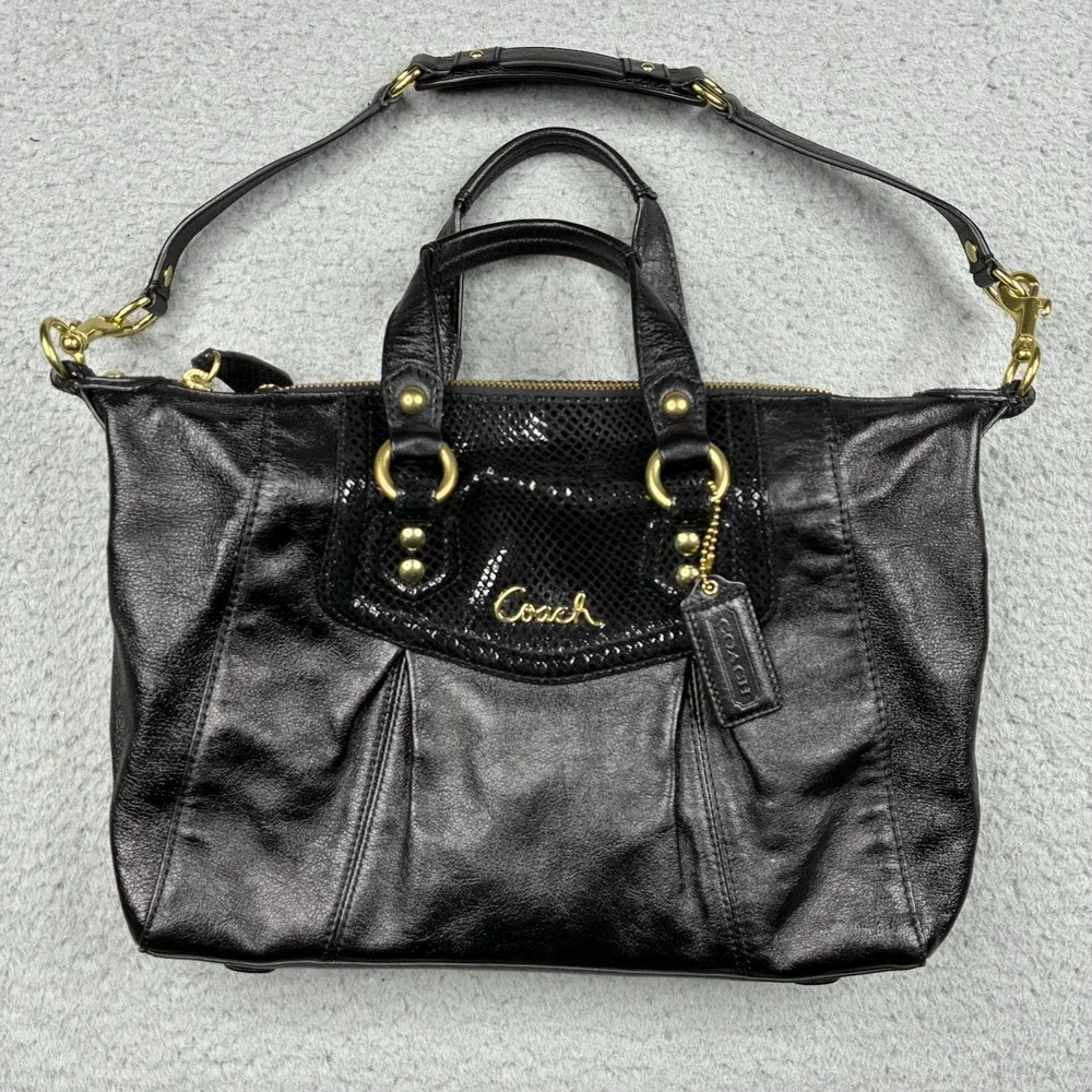 Coach Ashley Black Leather Python Trim Satchel Shoulder Bag F19247 Purse